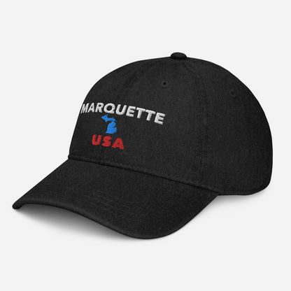 'Marquette USA' Denim Baseball Hat (w/ Michigan Outline)