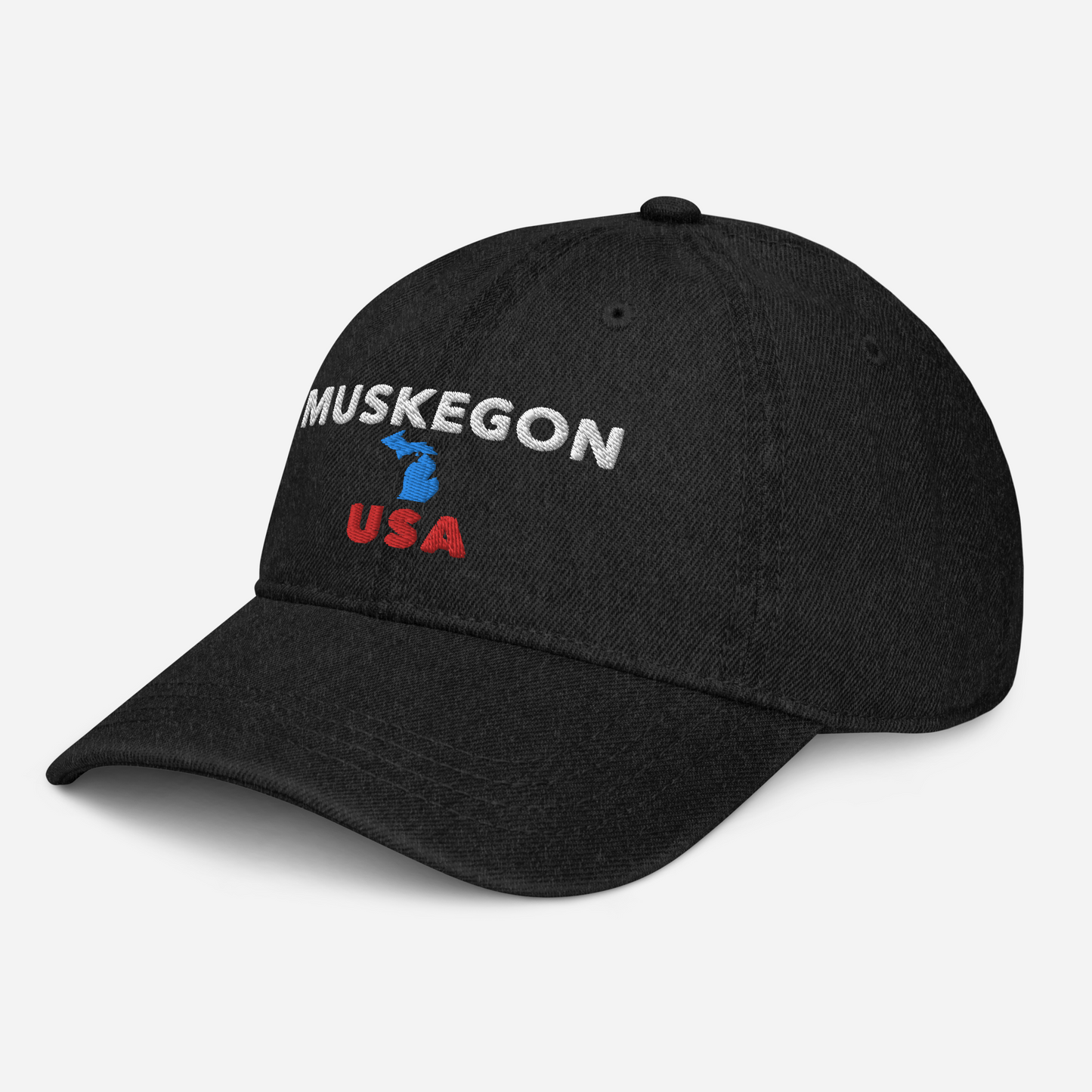 'Muskegon USA' Denim Baseball Hat (w/ Michigan Outline)