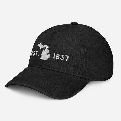 Michigan 'EST 1837' Denim Baseball Cap (Licence Plate Font w/ MI Outline)