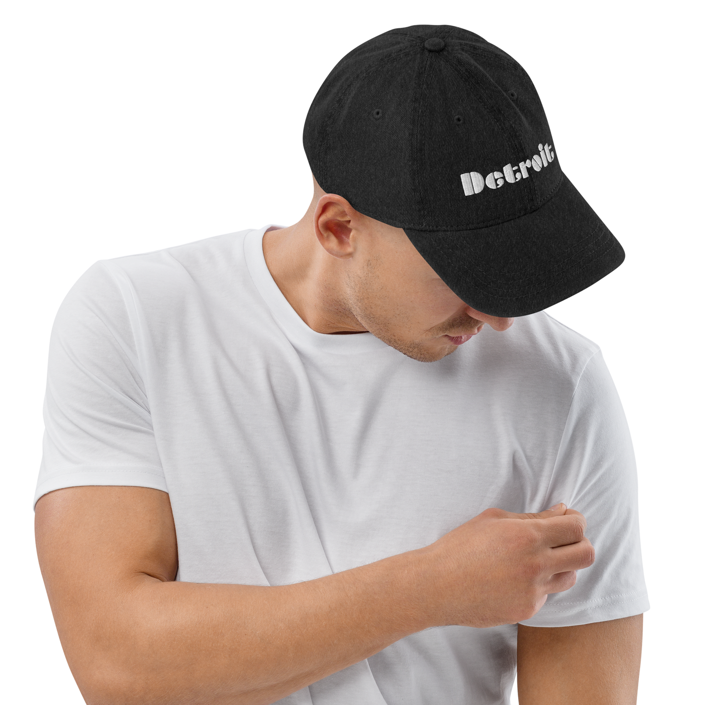 'Detroit' Denim Baseball Cap (Art Deco Font) | White/Black Embroidery