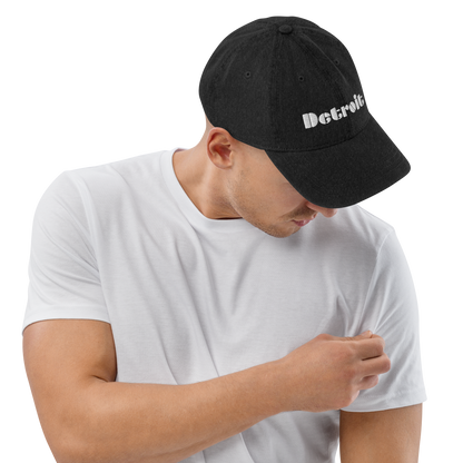 'Detroit' Denim Baseball Cap (Art Deco Font) | White/Black Embroidery