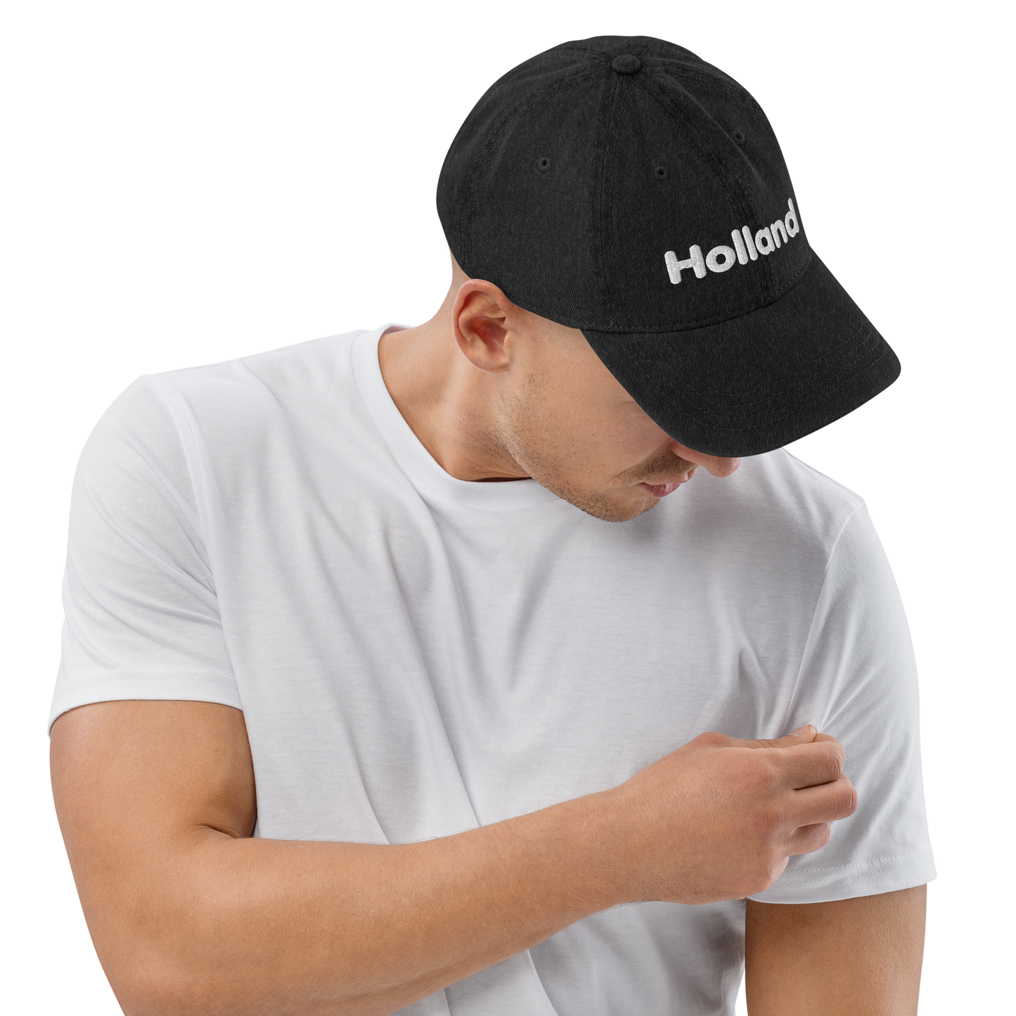 'Holland' Denim Baseball Cap | White/Black Embroidery