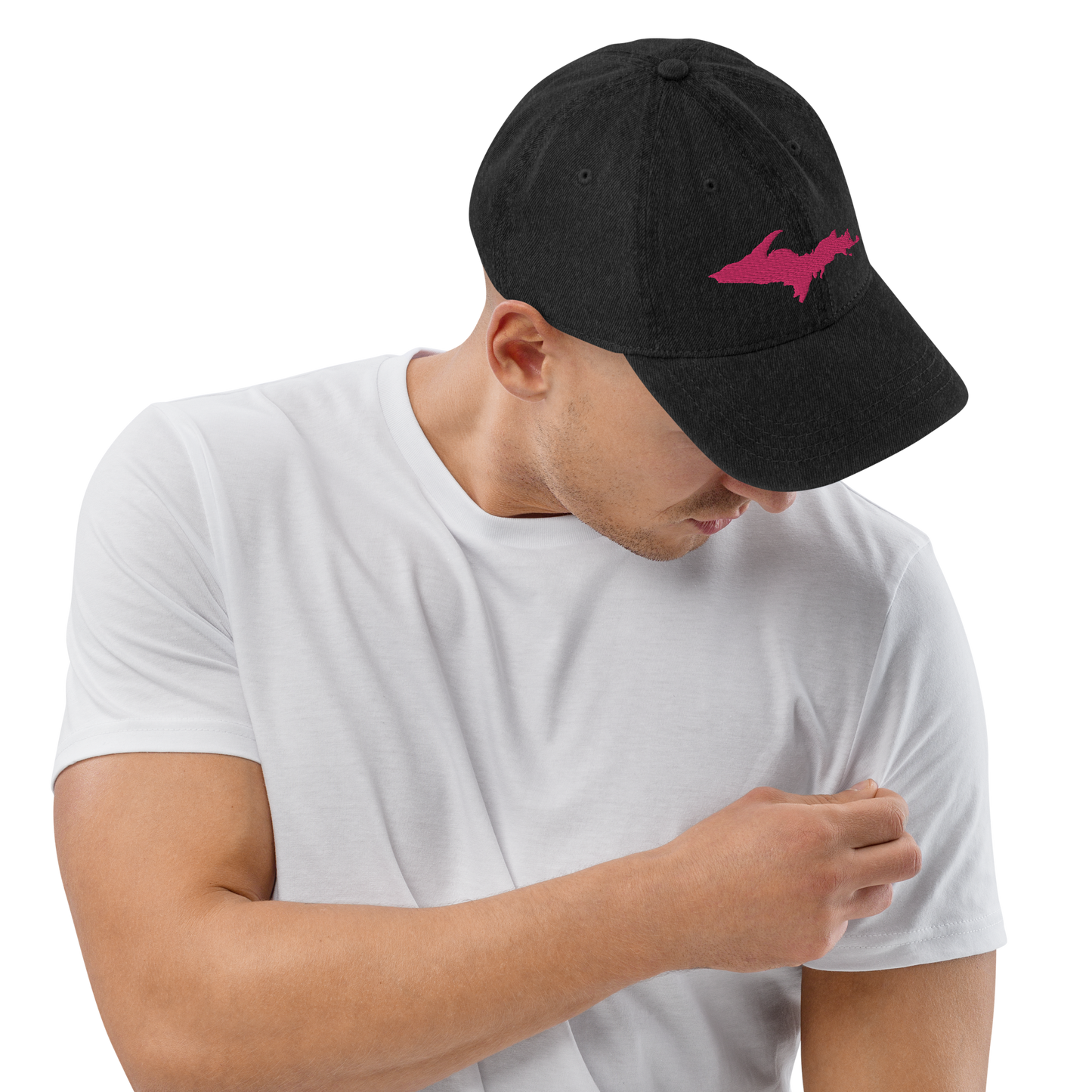 Michigan Upper Peninsula Denim Baseball Hat (w/ Pink UP Outline)