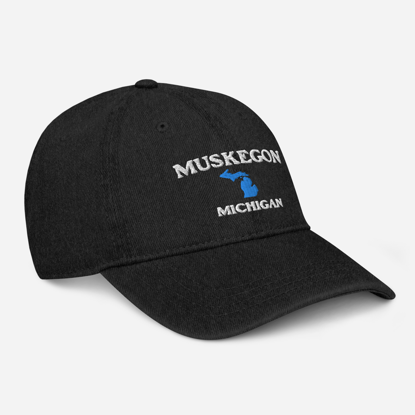 'Muskegon Michigan' Denim Baseball Cap (w/ Michigan Outline)