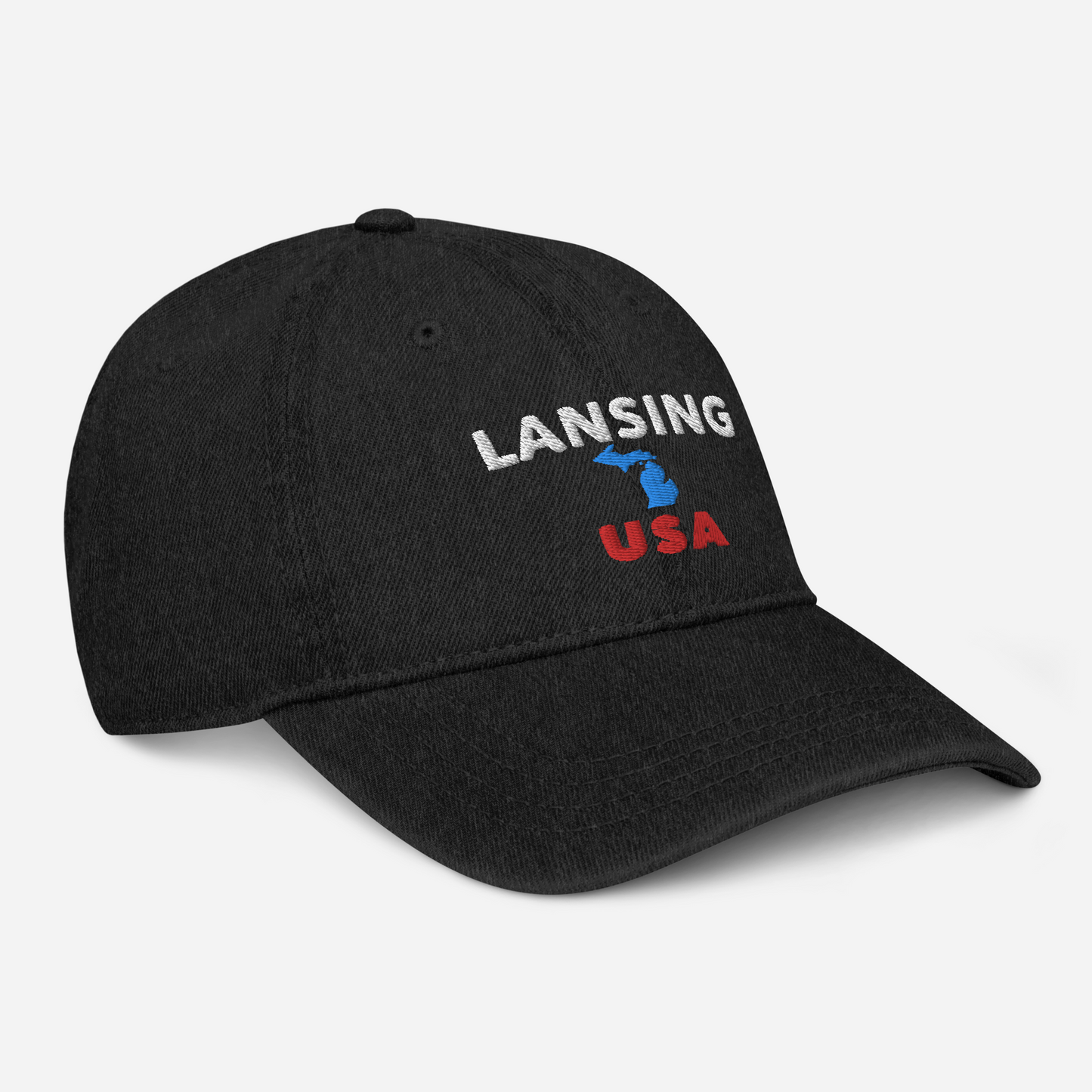 'Lansing USA' Denim Baseball Cap (w/ Michigan Outline)