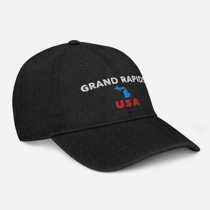 'Grand Rapids USA' Denim Baseball Caps (w/ Michigan Outline)