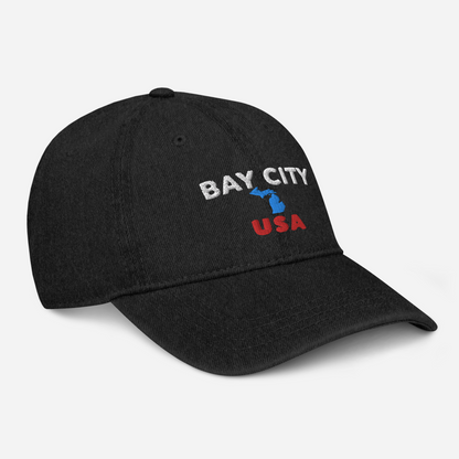 'Bay City USA' Denim Baseball Cap (w/ Michigan Outline)