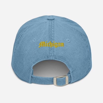 Michigan Old English 'M' Denim Baseball Cap (w/ 'Michigan' Back Design) | Gold Embroidery