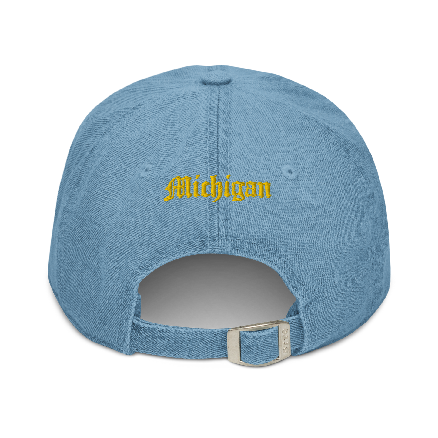 Michigan Old English 'M' Denim Baseball Cap (w/ 'Michigan' Back Design) | Gold Embroidery