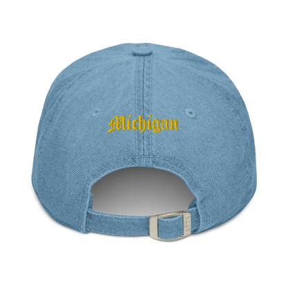 Michigan Old English 'M' Denim Baseball Cap (w/ 'Michigan' Back Design) | Gold Embroidery