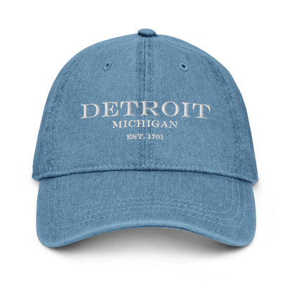 'Detroit Michigan Est. 1701' Luxury Goods Parody Denim Baseball Cap | White/Black Embroidery - Circumspice Michigan