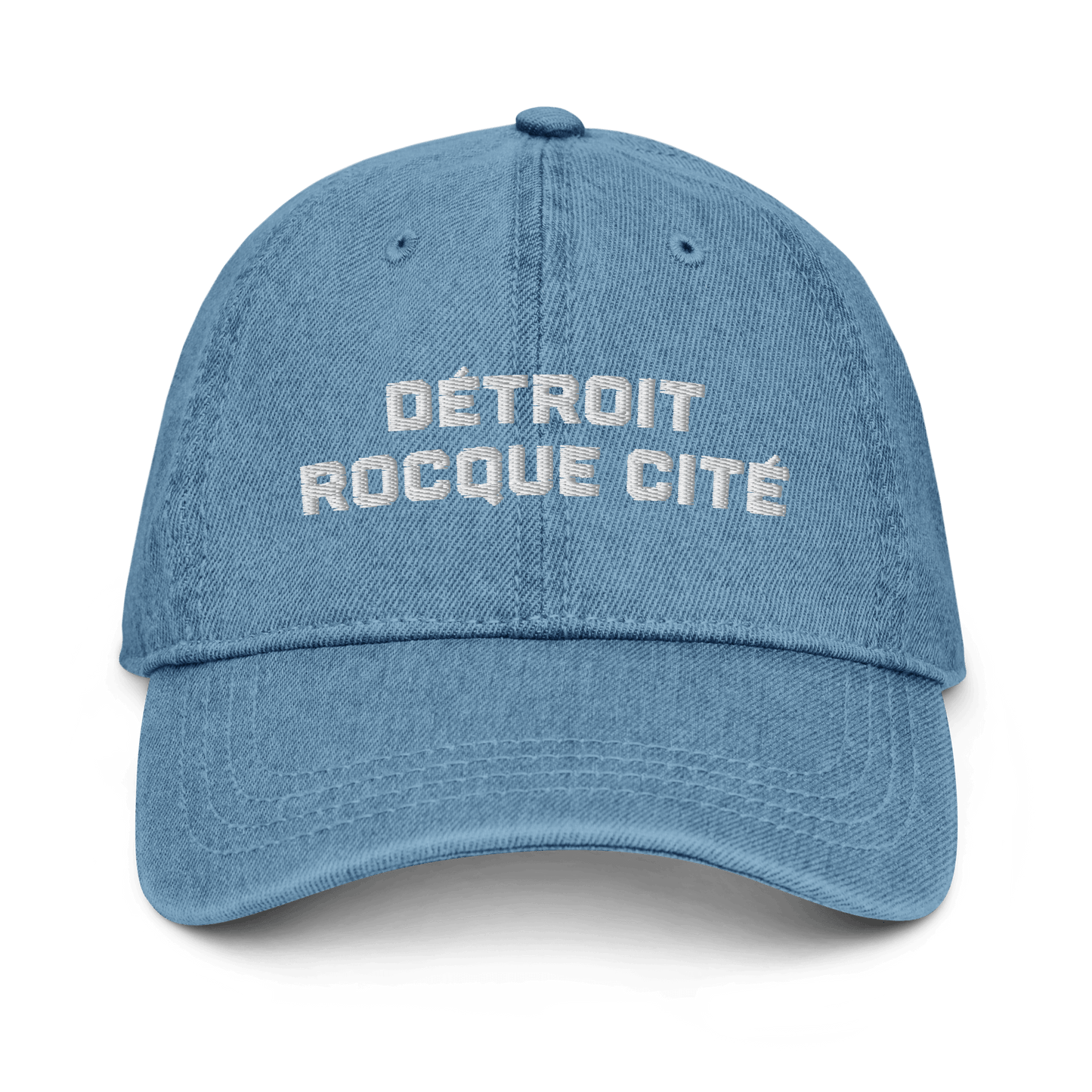 'Détroit Rocque Cité' Denim Baseball Cap | White/Navy Embroidery - Circumspice Michigan