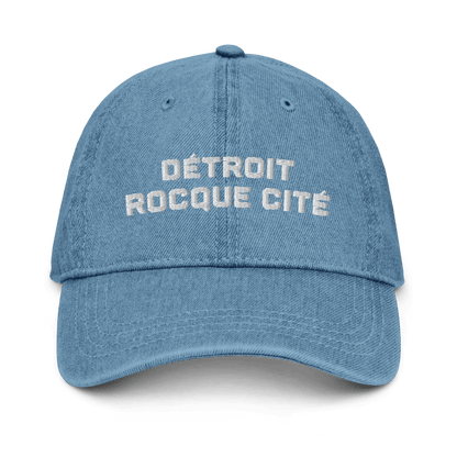 'Détroit Rocque Cité' Denim Baseball Cap | White/Navy Embroidery - Circumspice Michigan