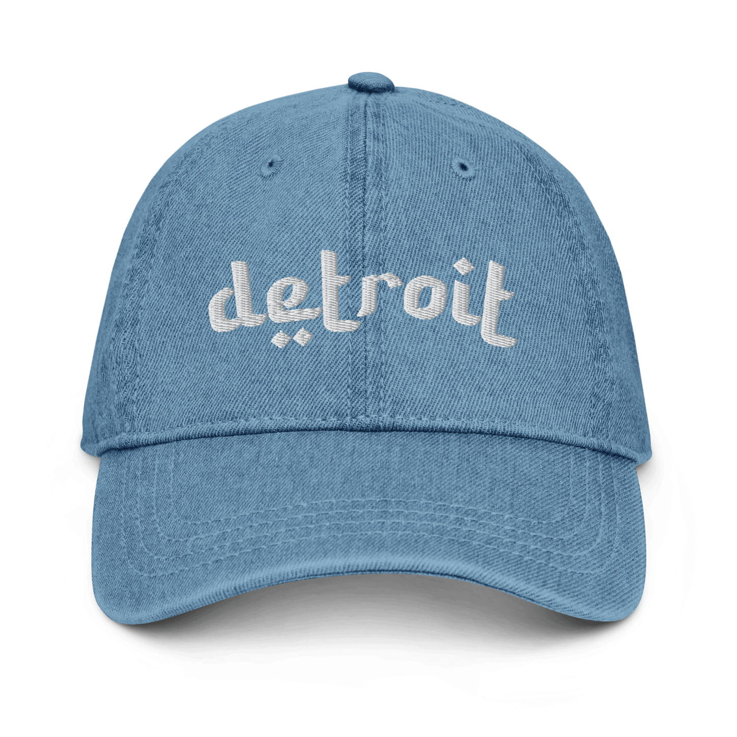 'Detroit' Denim Baseball Cap (Arabic-Style Font) | While/Black Embroidery - Circumspice Michigan