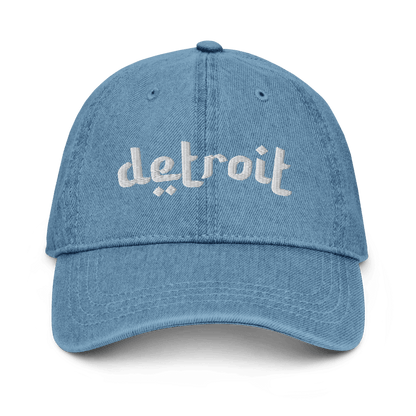 'Detroit' Denim Baseball Cap (Arabic-Style Font) | While/Black Embroidery - Circumspice Michigan