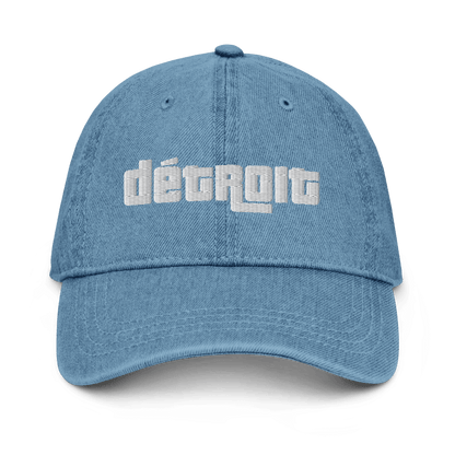 'Détroit' Denim Baseball Cap (1970s Font) | White/Navy Embroidery - Circumspice Michigan