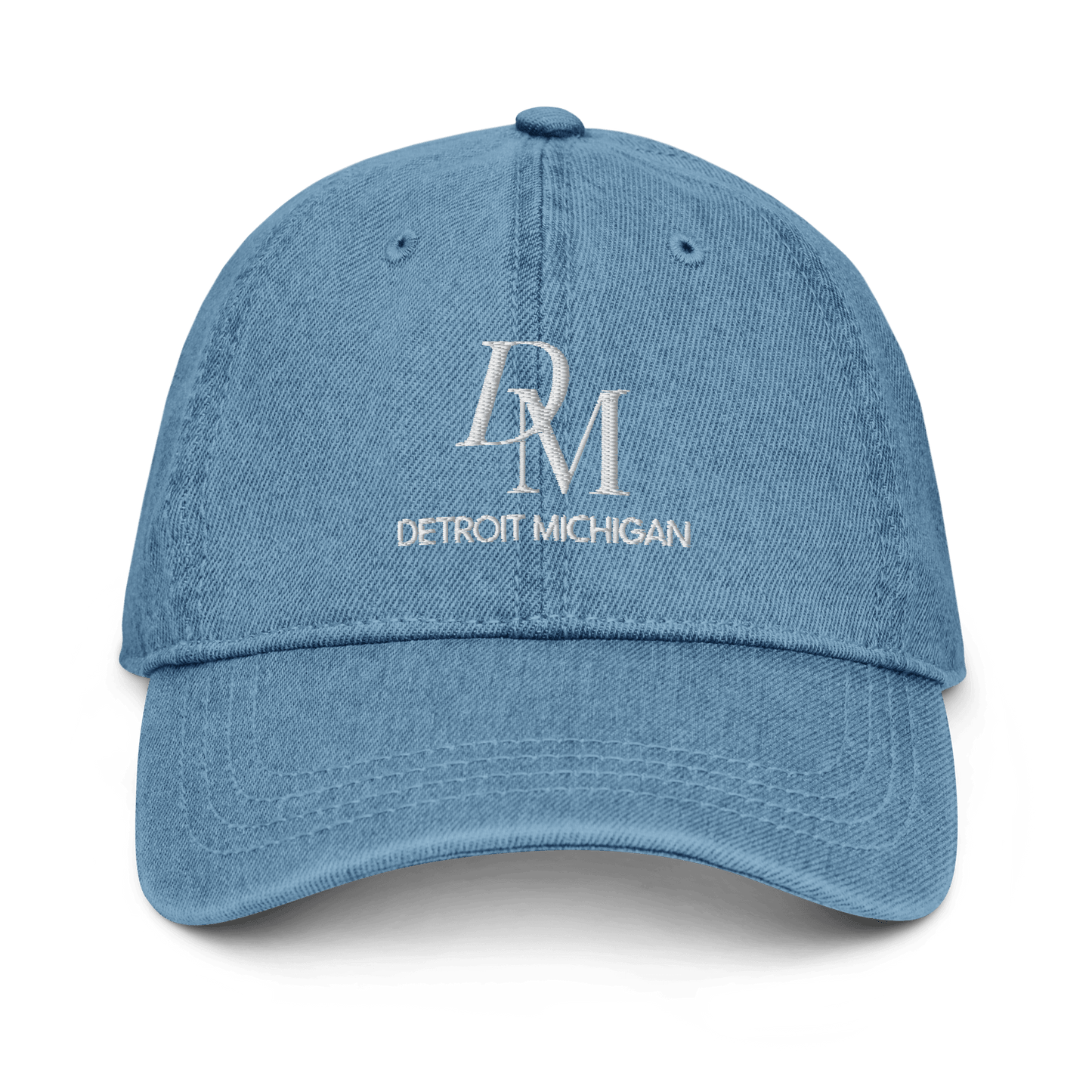 'DM Detroit Michigan' Denim Baseball Cap (Luxury Goods Parody) | White/Black Embroidery - Circumspice Michigan