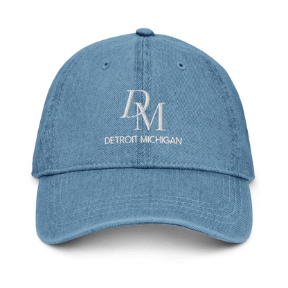 'DM Detroit Michigan' Denim Baseball Cap (Luxury Goods Parody) | White/Black Embroidery - Circumspice Michigan