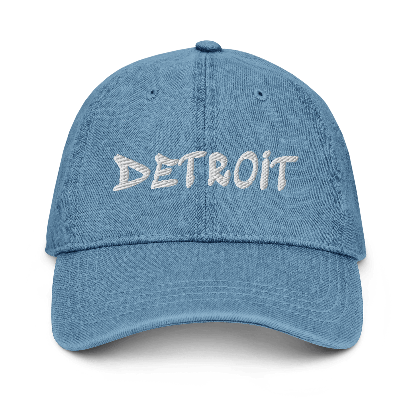 'Detroit' Denim Baseball Cap (Hip-Hop Font) | White/Black Embroidery - Circumspice Michigan