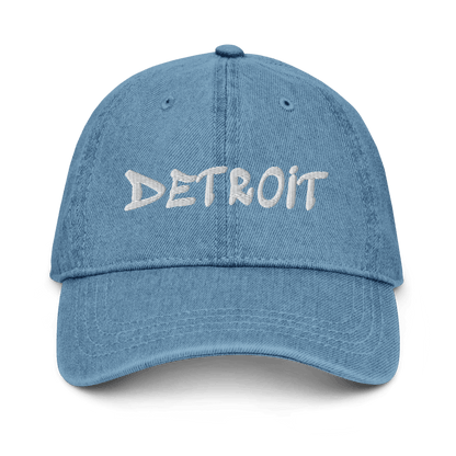 'Detroit' Denim Baseball Cap (Hip-Hop Font) | White/Black Embroidery - Circumspice Michigan