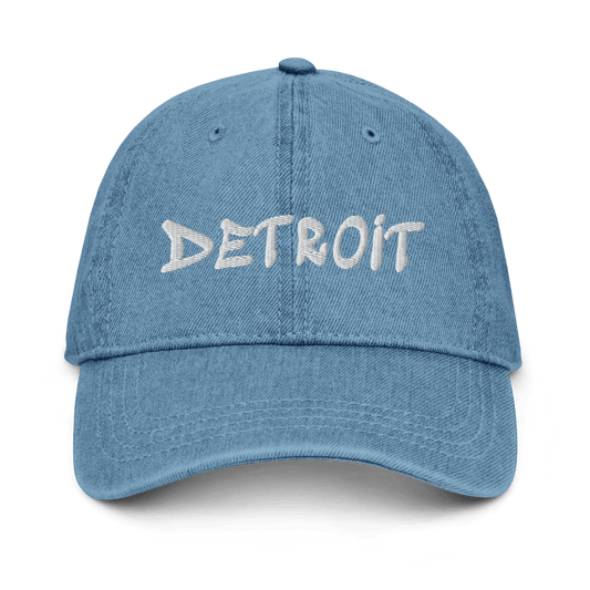 'Detroit' Denim Baseball Cap (Hip-Hop Font) | White/Black Embroidery - Circumspice Michigan