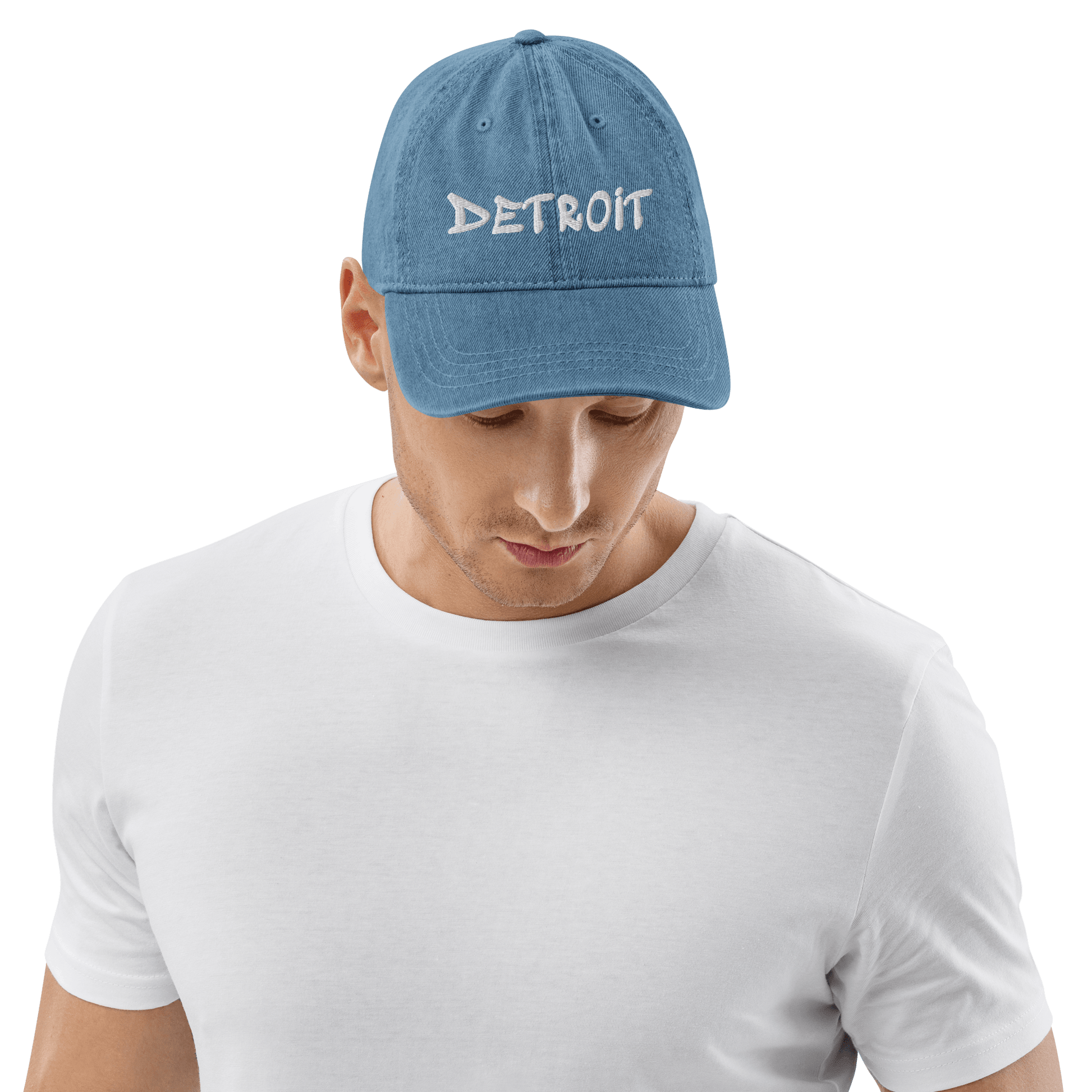 'Detroit' Denim Baseball Cap (Hip-Hop Font) | White/Black Embroidery - Circumspice Michigan