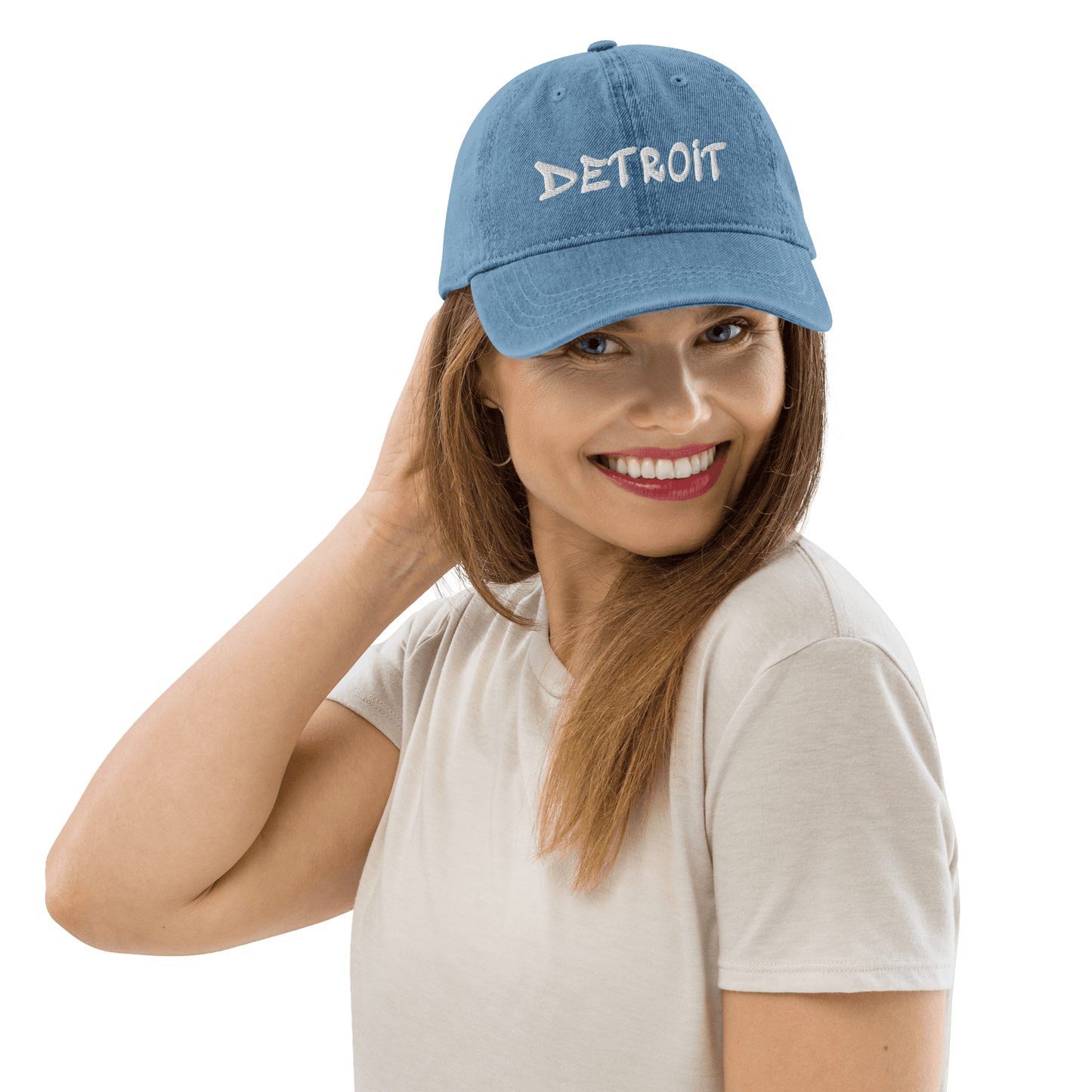 'Detroit' Denim Baseball Cap (Hip-Hop Font) | White/Black Embroidery - Circumspice Michigan