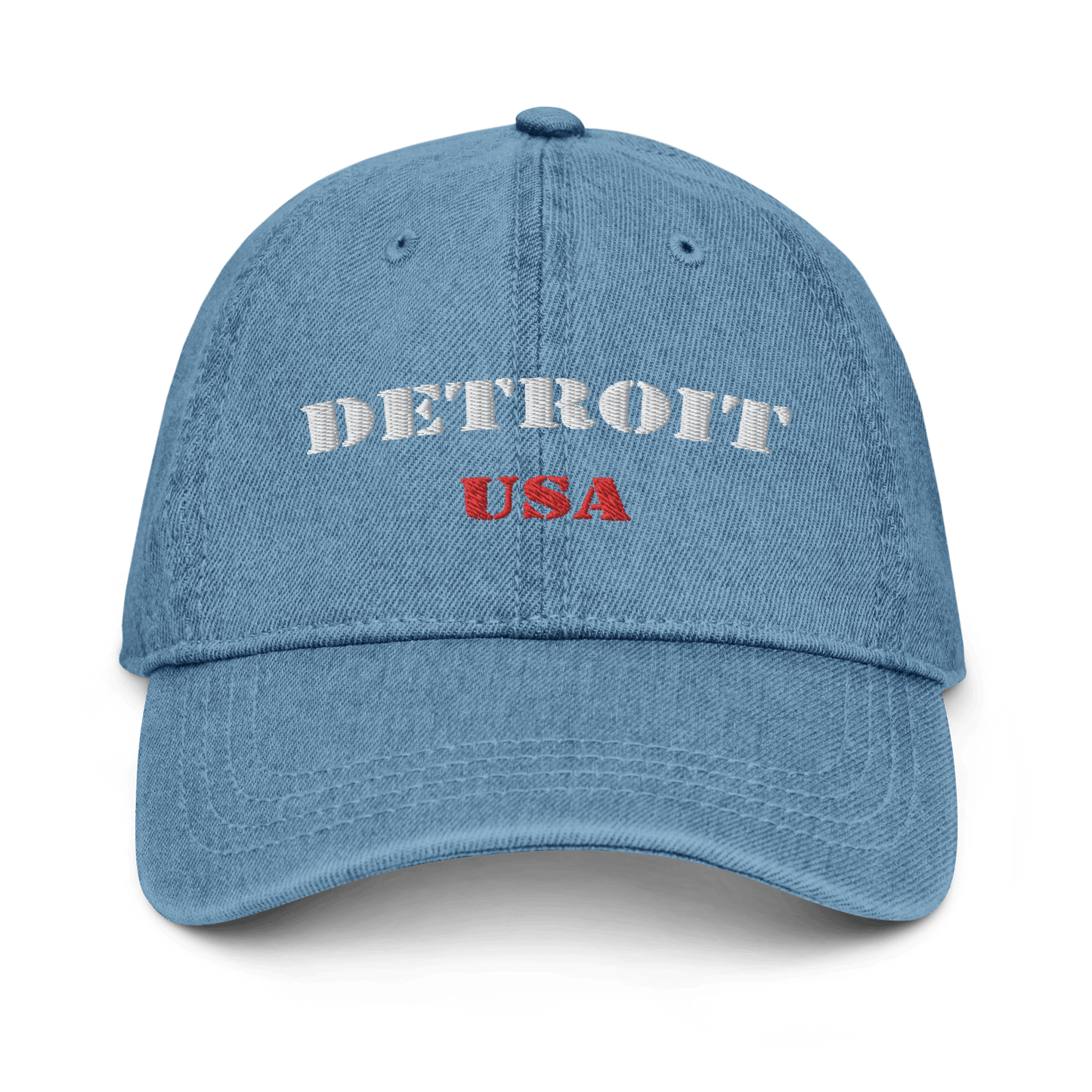 'Detroit USA' Denim Baseball Cap (Army Font) | White/Navy Embroidery - Circumspice Michigan