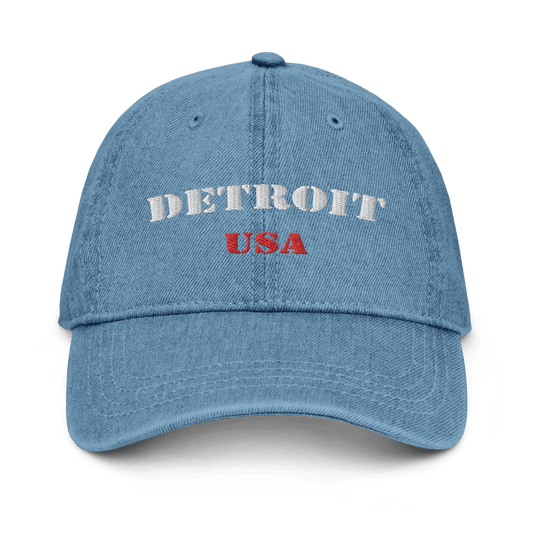 'Detroit USA' Denim Baseball Cap (Army Font) | White/Navy Embroidery - Circumspice Michigan