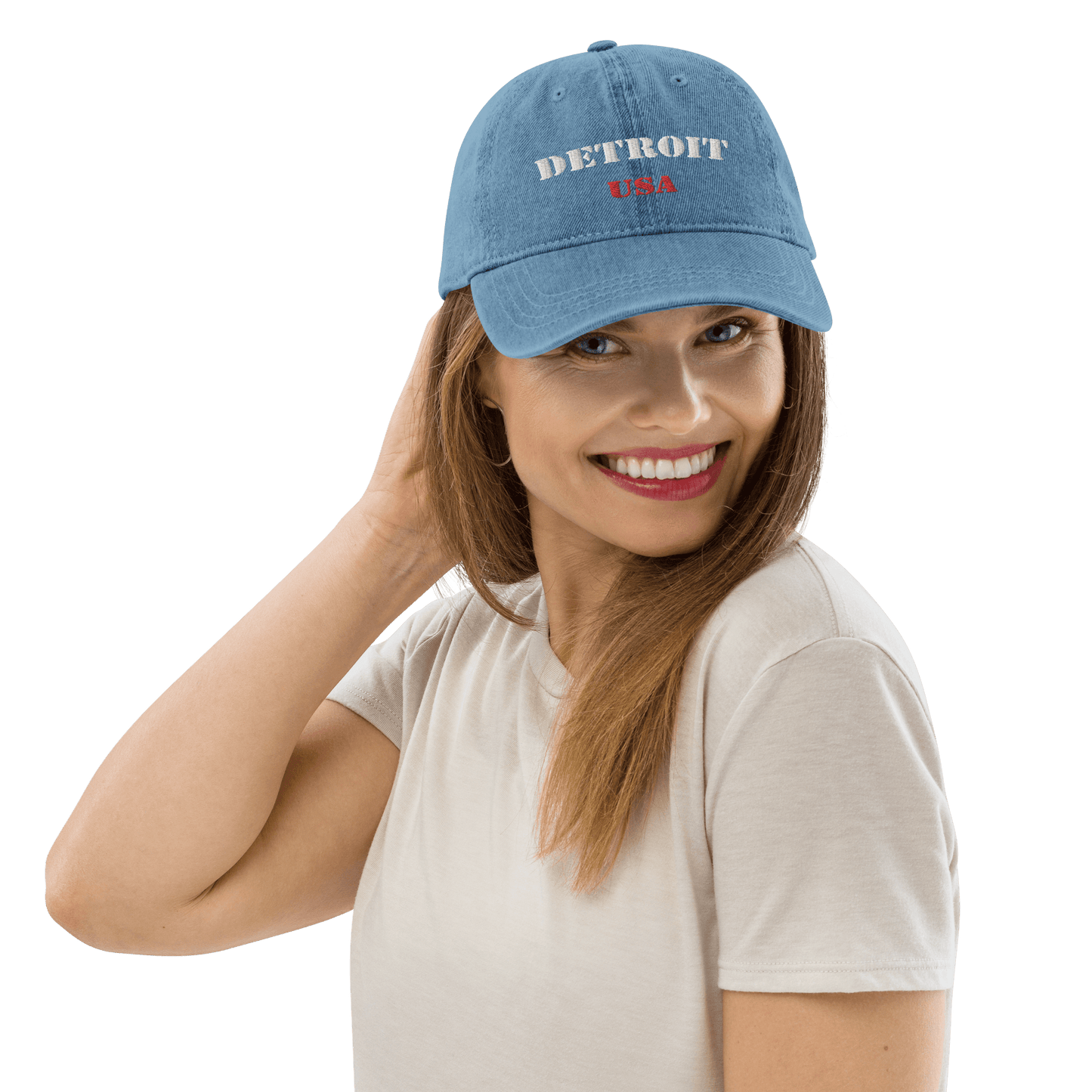 'Detroit USA' Denim Baseball Cap (Army Font) | White/Navy Embroidery - Circumspice Michigan