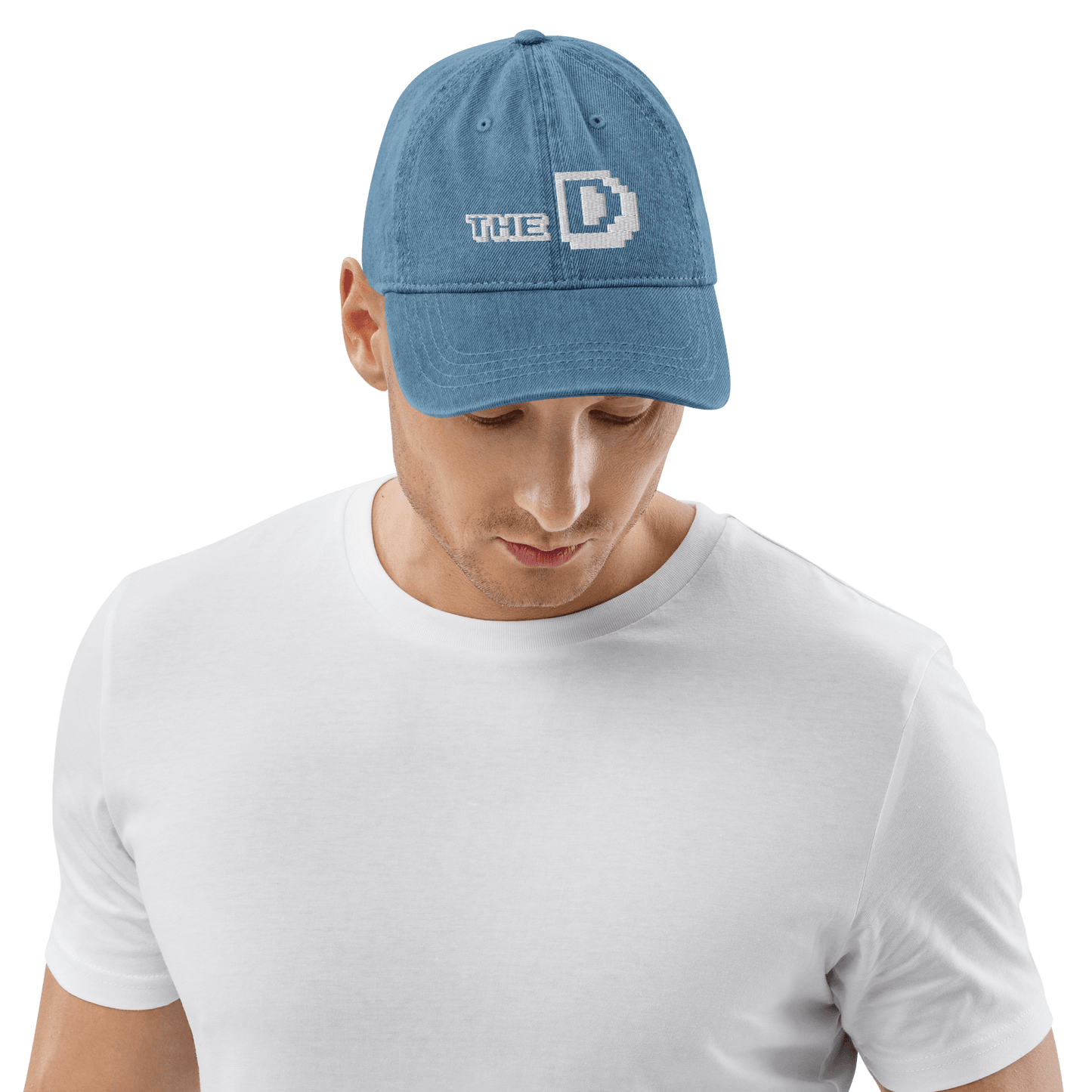 Detroit 'The D' Denim Baseball Cap (Arcade Font) | White/Navy Embroidery - Circumspice Michigan