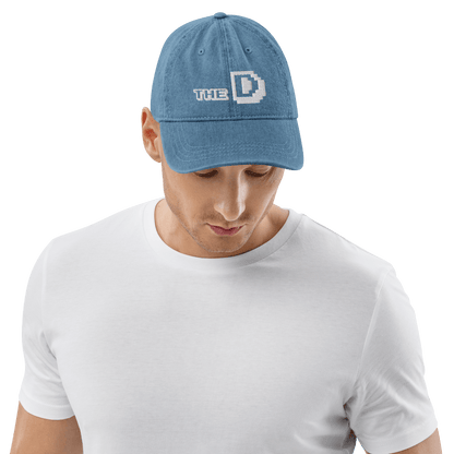 Detroit 'The D' Denim Baseball Cap (Arcade Font) | White/Navy Embroidery - Circumspice Michigan