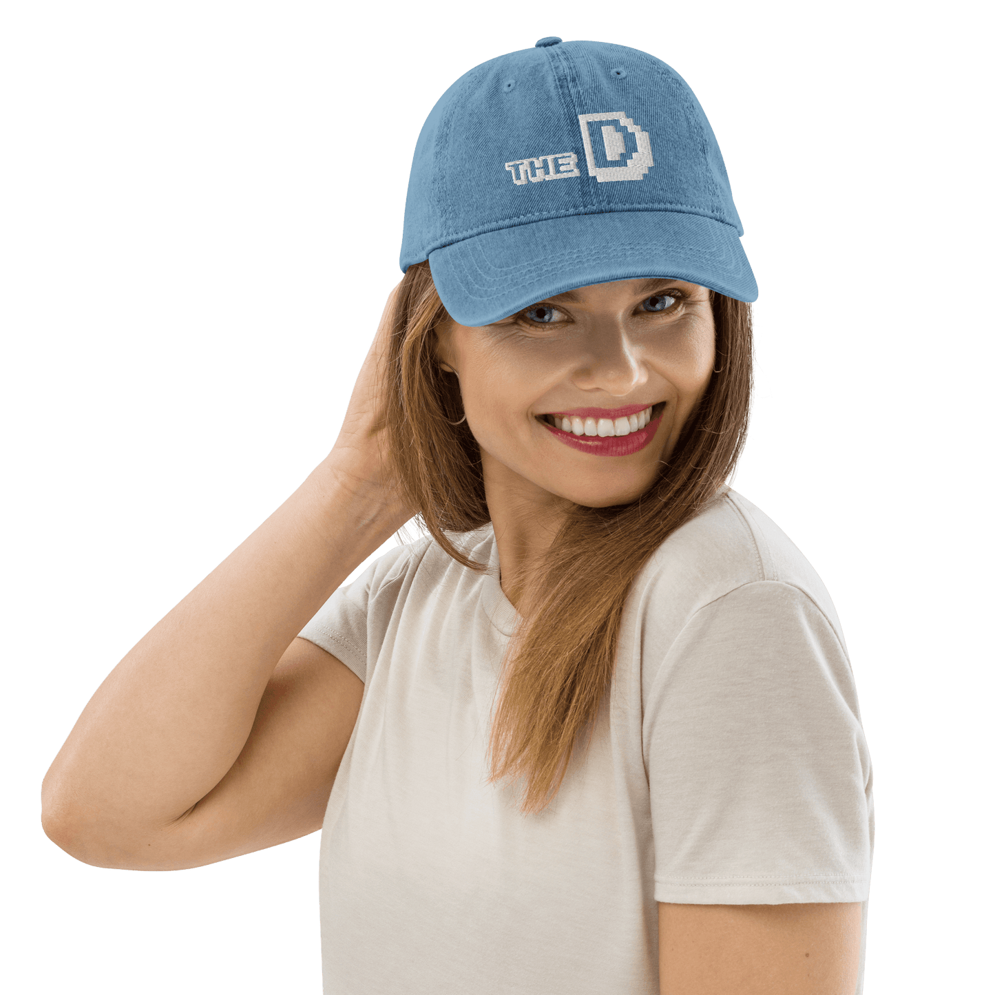 Detroit 'The D' Denim Baseball Cap (Arcade Font) | White/Navy Embroidery - Circumspice Michigan