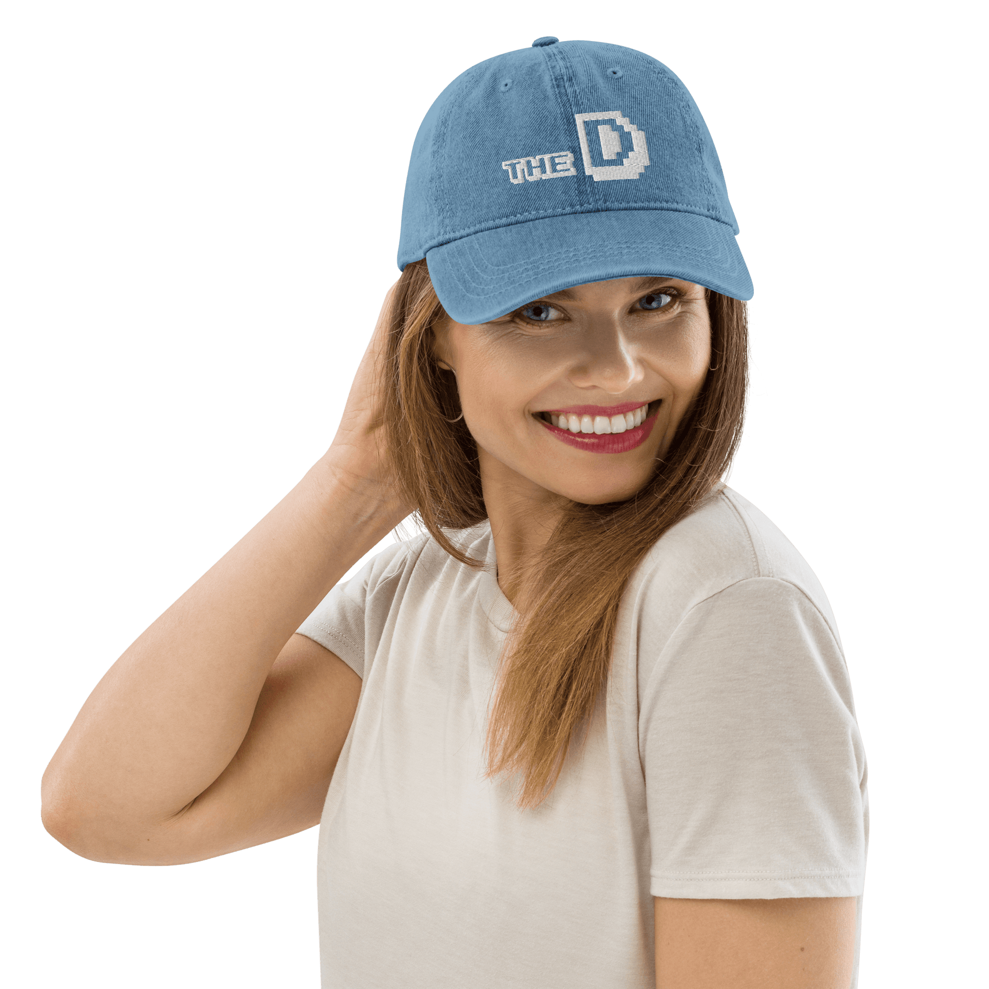 Detroit 'The D' Denim Baseball Cap (Arcade Font) | White/Navy Embroidery - Circumspice Michigan