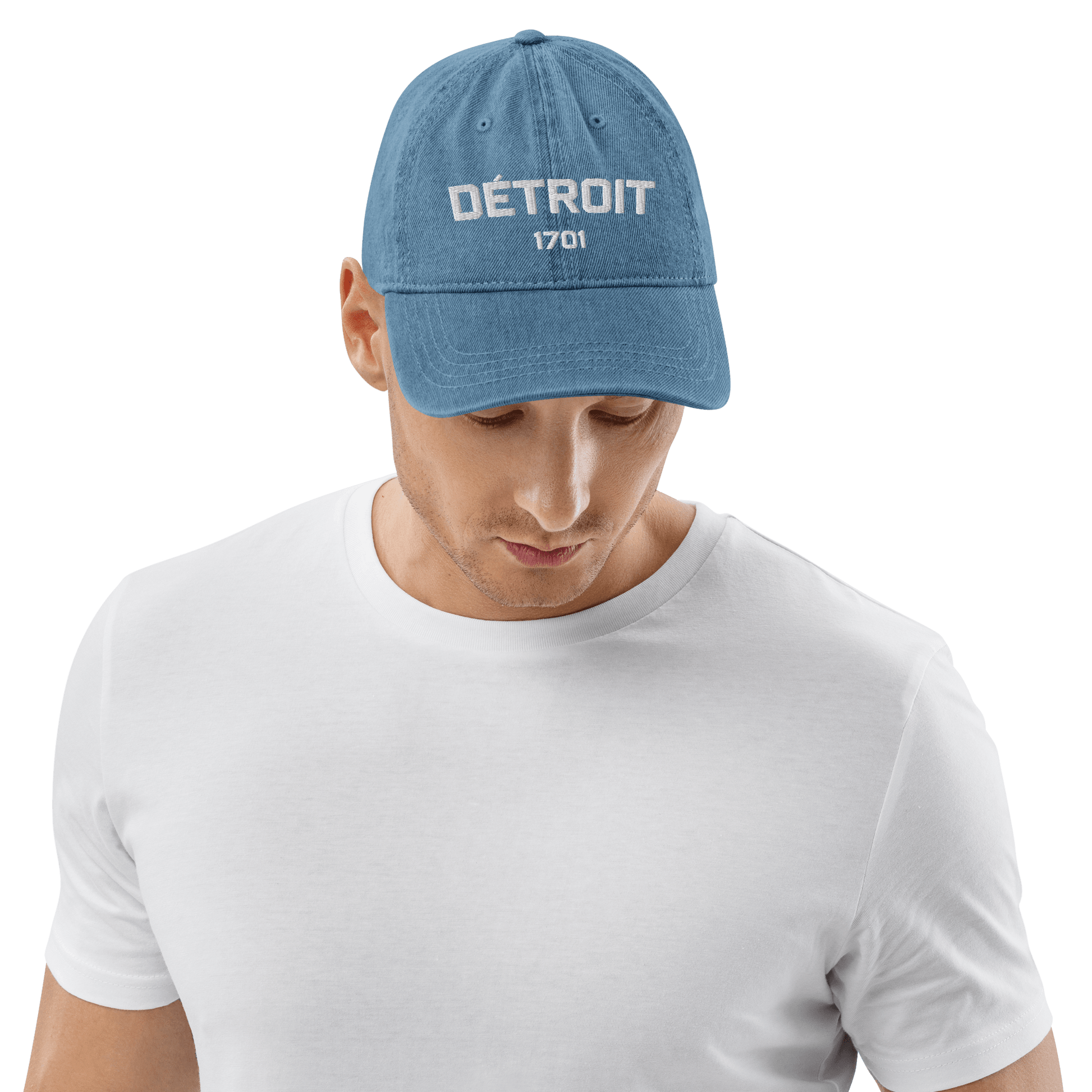 'Détroit 1701' Denim Baseball Cap | White/Navy Embroidery - Circumspice Michigan