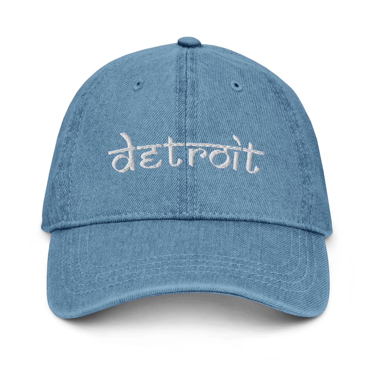 'Detroit' Denim Baseball Cap (South Asian-Style Font) | White Embroidery - Circumspice Michigan