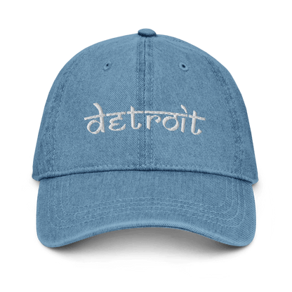 'Detroit' Denim Baseball Cap (South Asian-Style Font) | White Embroidery - Circumspice Michigan