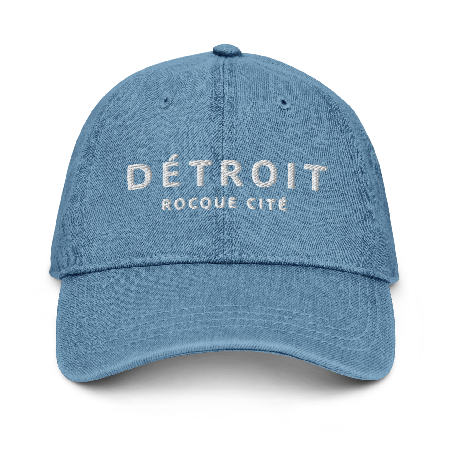 'Détroit Rocque Cité' Denim Baseball Cap | White/Navy Embroidery