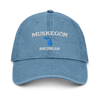 'Muskegon Michigan' Denim Baseball Cap (w/ Michigan Outline)