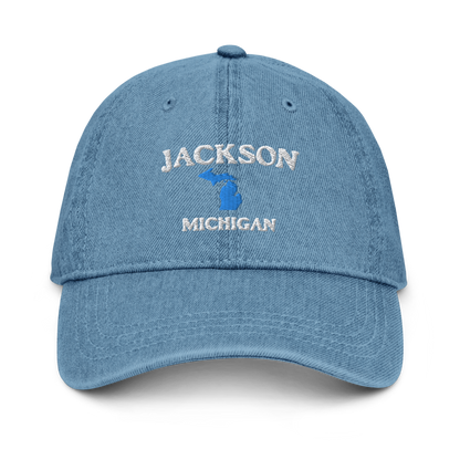 'Jackson Michigan' Denim Baseball Hat (w/ Michigan Outline)