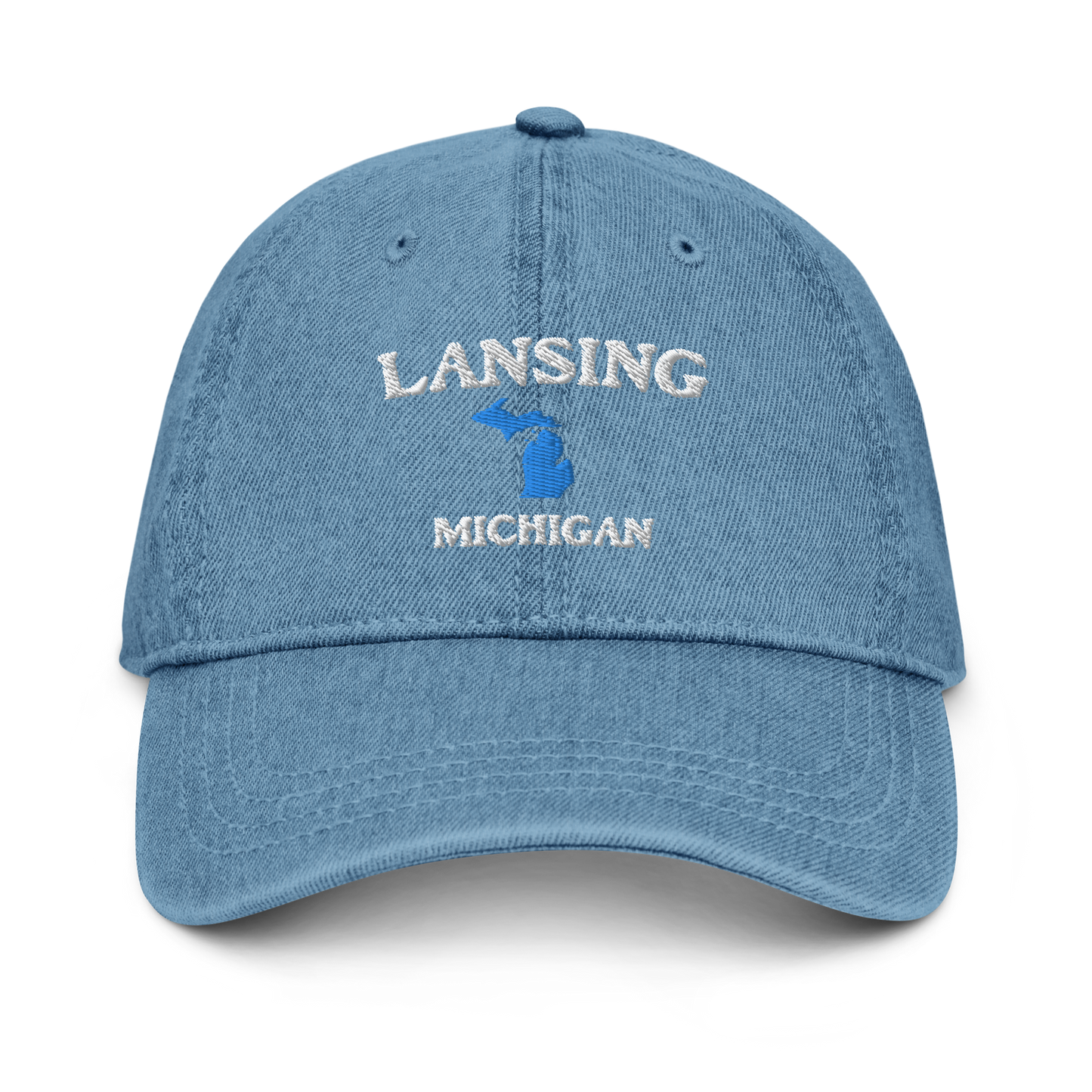 'Lansing Michigan' Denim Baseball Cap (w/ Michigan Outline)