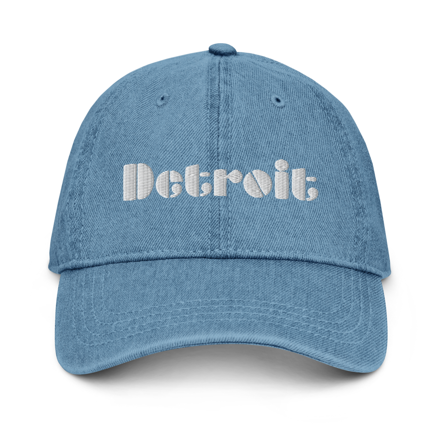 'Detroit' Denim Baseball Cap (Art Deco Font) | White/Black Embroidery