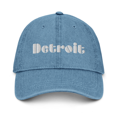 'Detroit' Denim Baseball Cap (Art Deco Font) | White/Black Embroidery