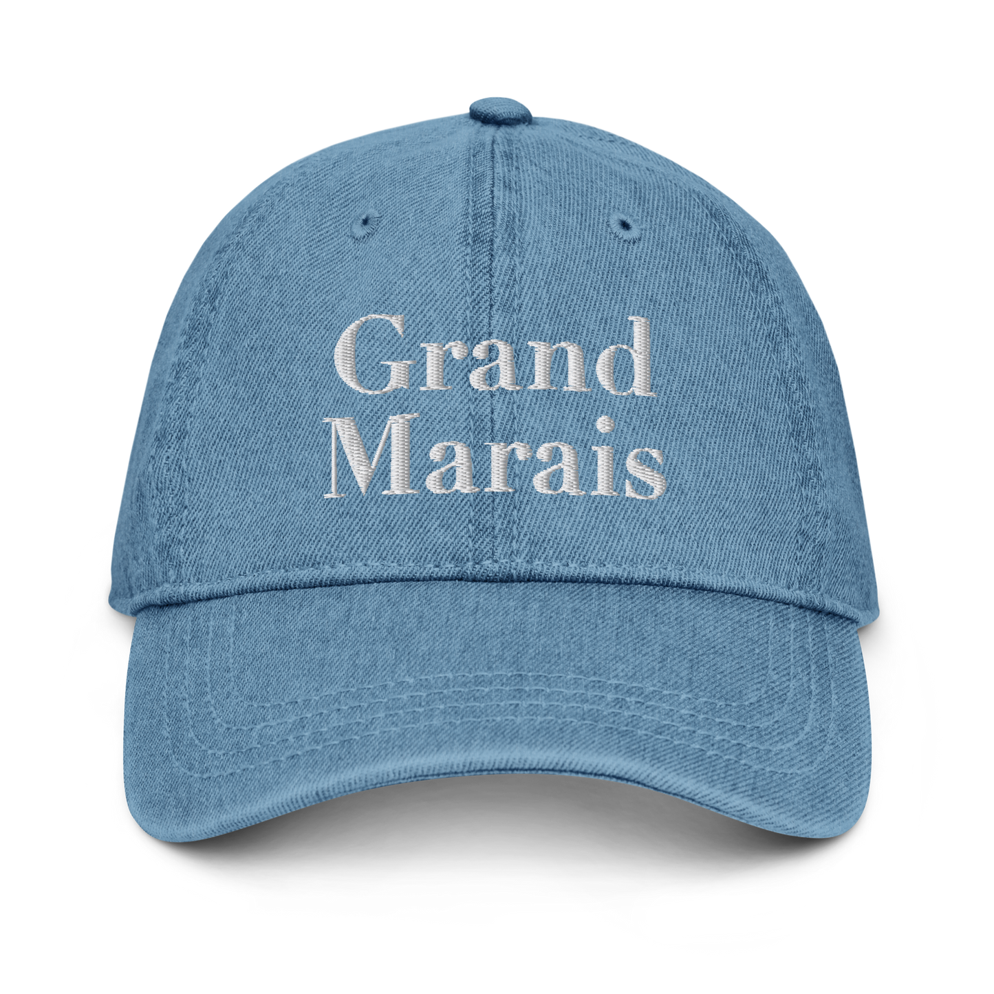 'Grand Marais' Denim Baseball Cap | White/Black Embroidery