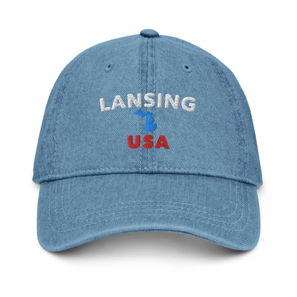 'Lansing USA' Denim Baseball Cap (w/ Michigan Outline)