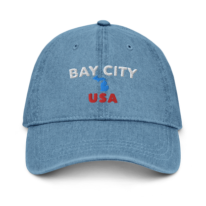 'Bay City USA' Denim Baseball Cap (w/ Michigan Outline)