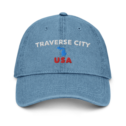 'Traverse City USA' Denim Baseball Cap (w/ Michigan Outline)