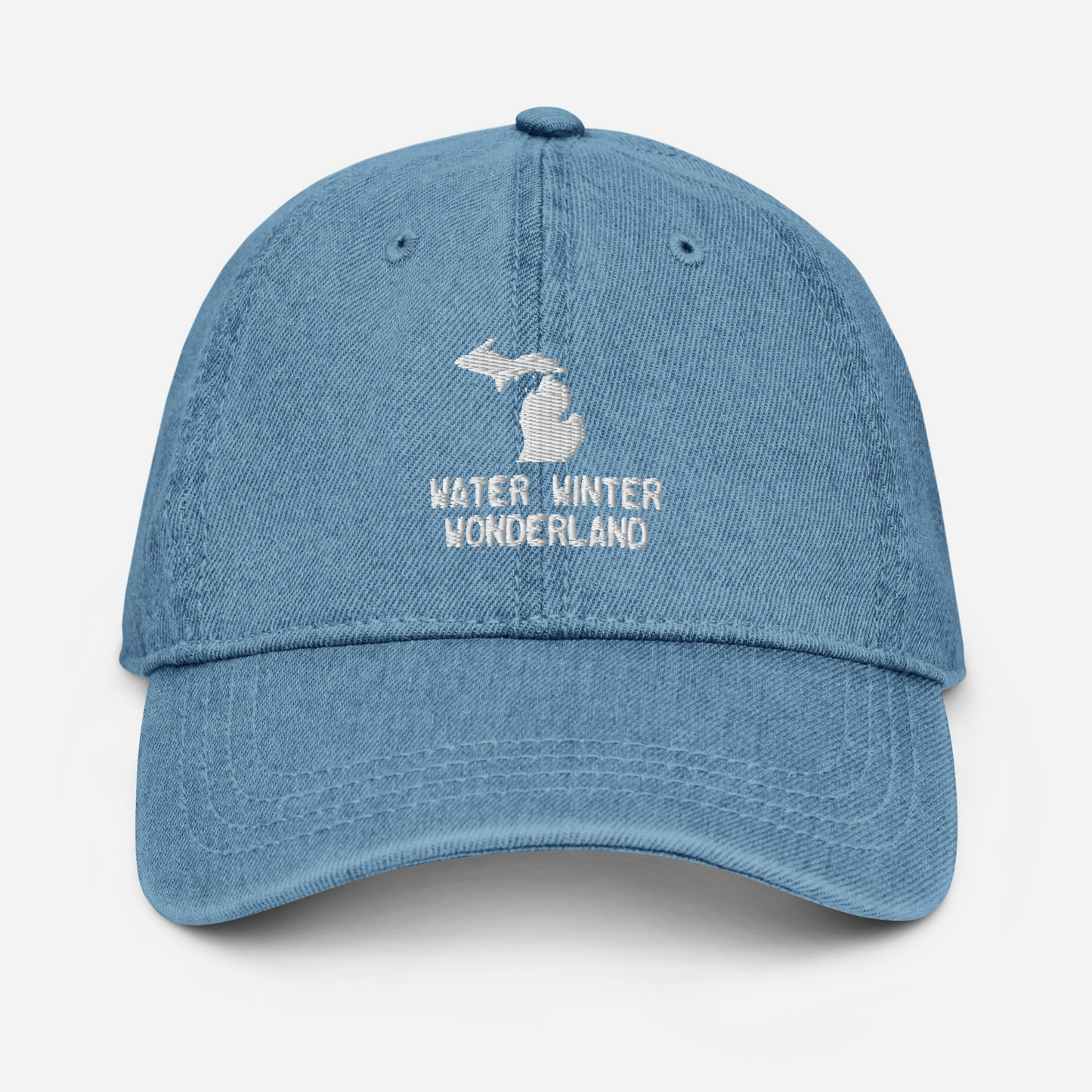 Michigan 'Water Winter Wonderland' Denim Baseball Cap | White/Navy Embroidery