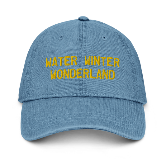 Michigan 'Water Winter Wonderland' Denim Baseball Cap (Licence Plate Font) | Gold Embroidery