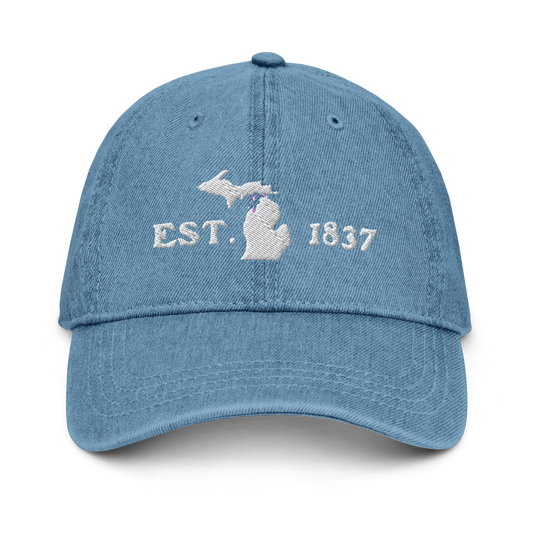 Michigan 'EST 1837' Denim Baseball Cap (Woodcut Font w/ MI Outline)